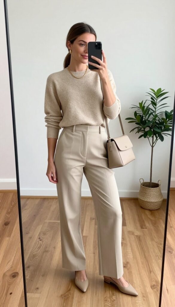 Woman in beige monochrome outfit taking a mirror selfie, wearing knit top and tailored trousers, with pointed flats and minimal jewelry.