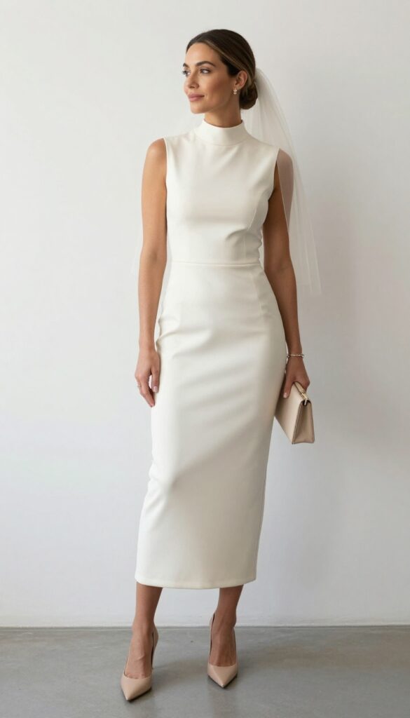 Woman in cream high neck sheath dress with fingertip veil, nude pumps, and beige clutch in city hall lobby