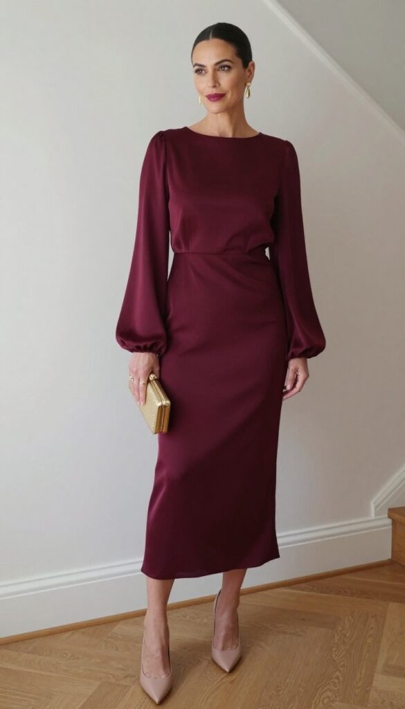 Burgundy satin trumpet gown with long sleeves, gold accessories, berry lip, sleek bun