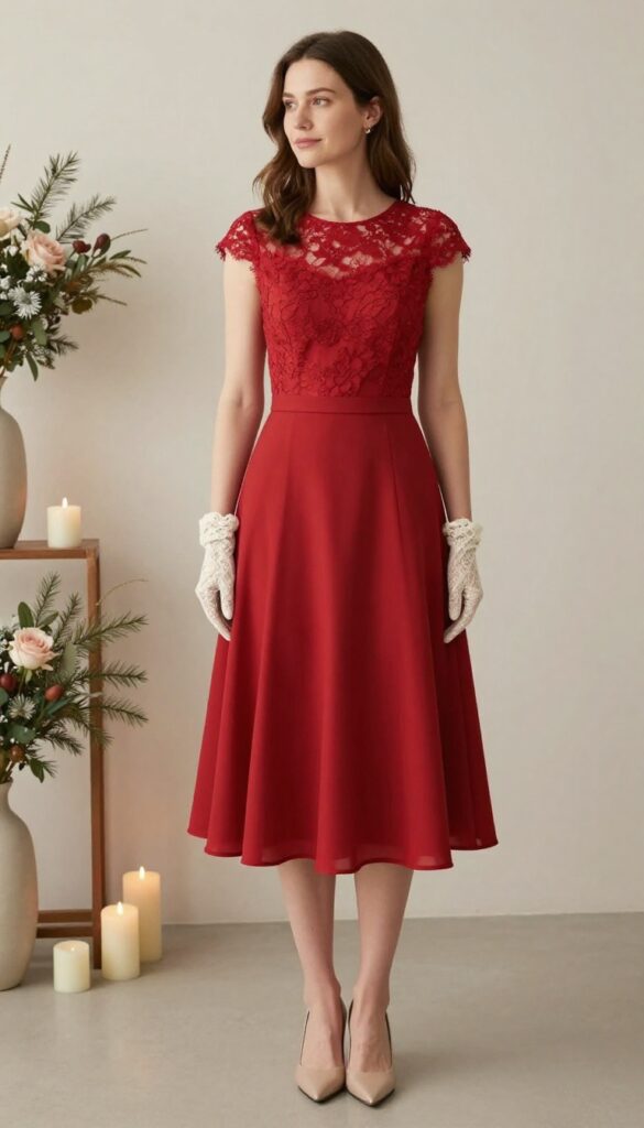 Red wedding dress with ivory lace gloves and nude pumps, elegant indoor setting.