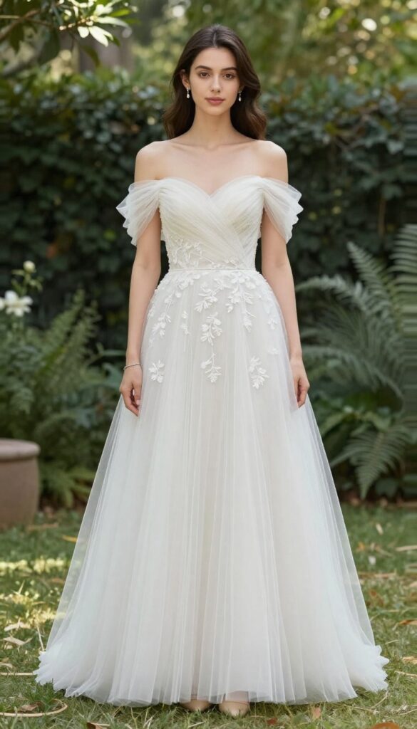 Modern off-the-shoulder ball gown with illusion details and floral embroidery, worn in a sunlit garden