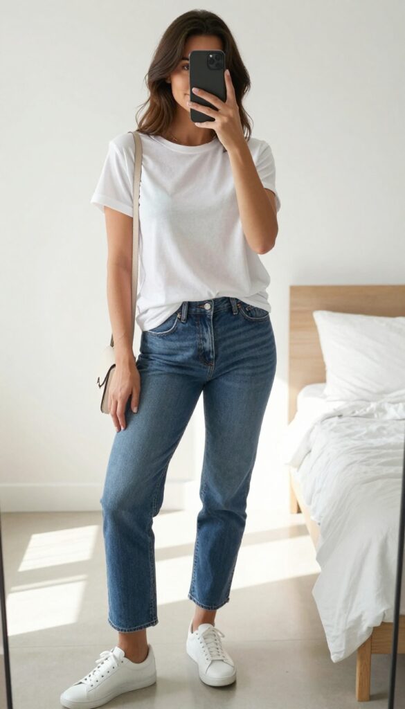 Woman in white tee and blue jeans taking a mirror selfie, showcasing a casual yet polished outfit.
