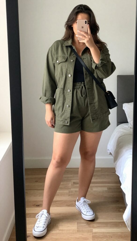 A woman in a olive jumpsuit and khaki utility jacket, white sneakers, crossbody bag, standing in a bright office hallway.