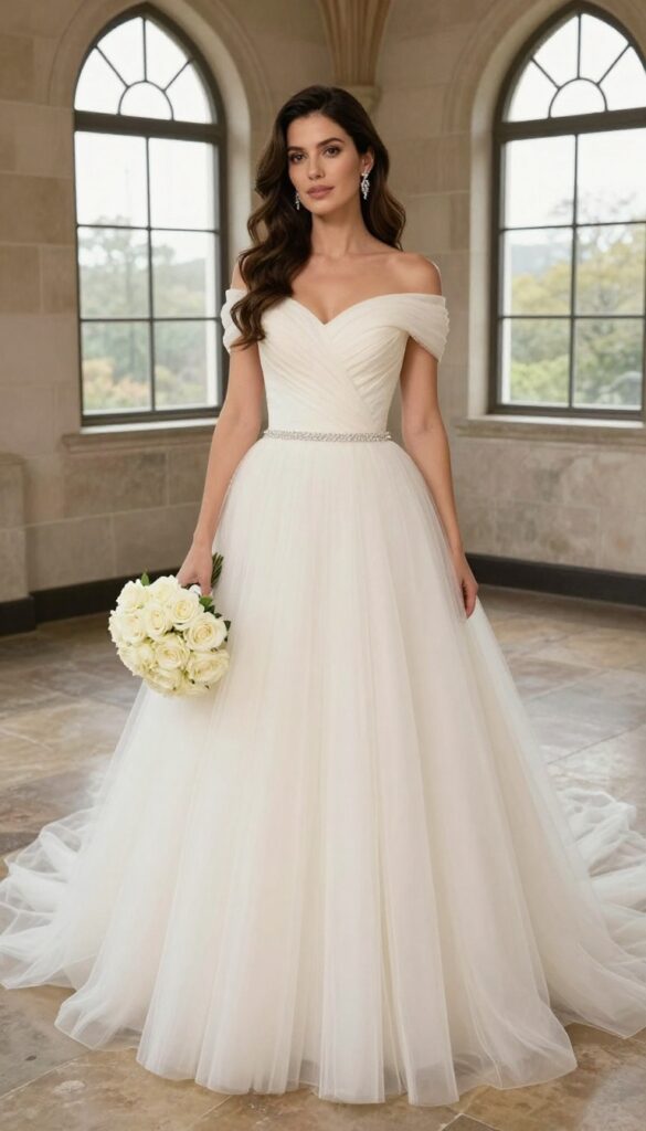A young adult woman with fair skin and brown hair in soft waves, wearing an off-the-shoulder ivory ball gown with a crystal belt, standing in a polished stone chapel with arched windows, holding a white rose bouquet.