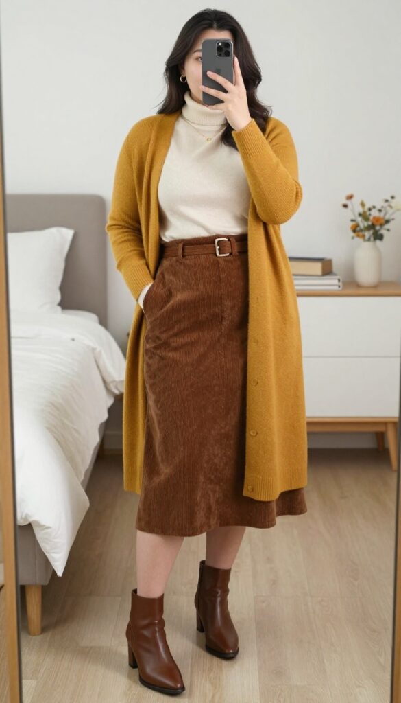 Woman in mustard cardigan, cream turtleneck, brown corduroy skirt, and ankle boots at a fall event.