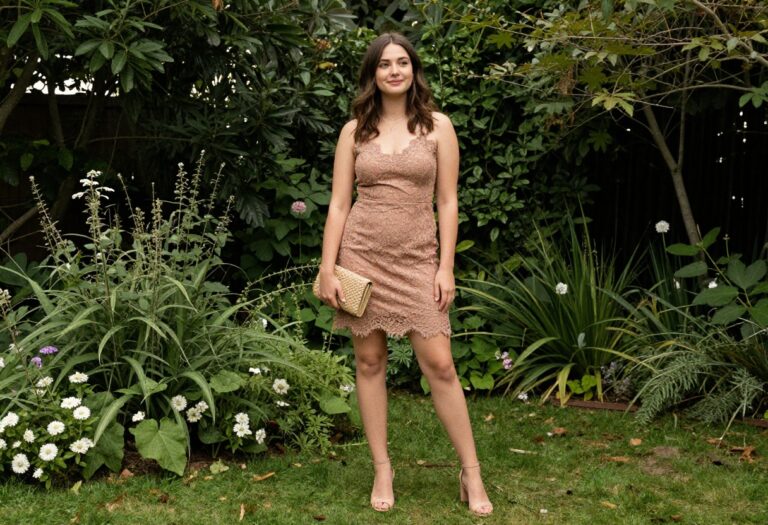 Woman in blush lace mini dress with nude heels and clutch at garden wedding