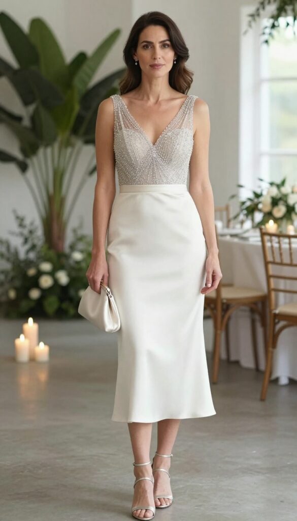 Sheath wedding dress with beaded bodice, satin skirt, silver heels, and clutch in elegant winter wedding setting