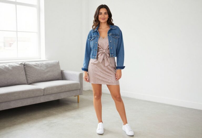 Woman wearing sparkly glitter mini dress with bold bow, denim jacket, and sneakers