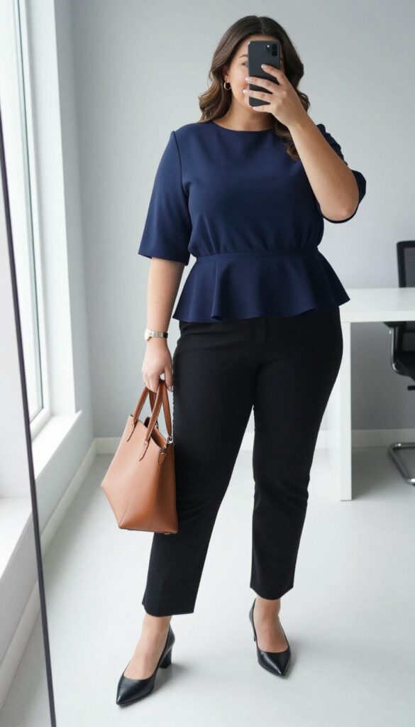 Plus-size woman in navy peplum top and black straight-leg pants taking a mirror selfie in a bright office setting.
