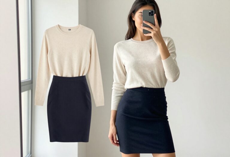 Woman in a pencil skirt and soft knit top taking a mirror selfie, showcasing a polished business casual outfit with balanced structure and comfort.