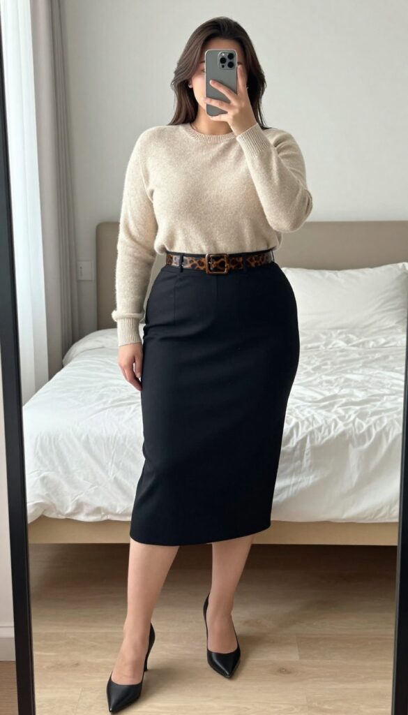 Woman in pencil skirt and cashmere sweater with statement belt, wearing pointed pumps, holding structured tote, professional setting.
