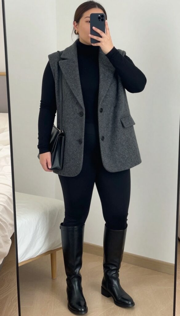 Woman in charcoal tailored vest, black turtleneck, leggings, and knee-high boots, posing in a mirror selfie.