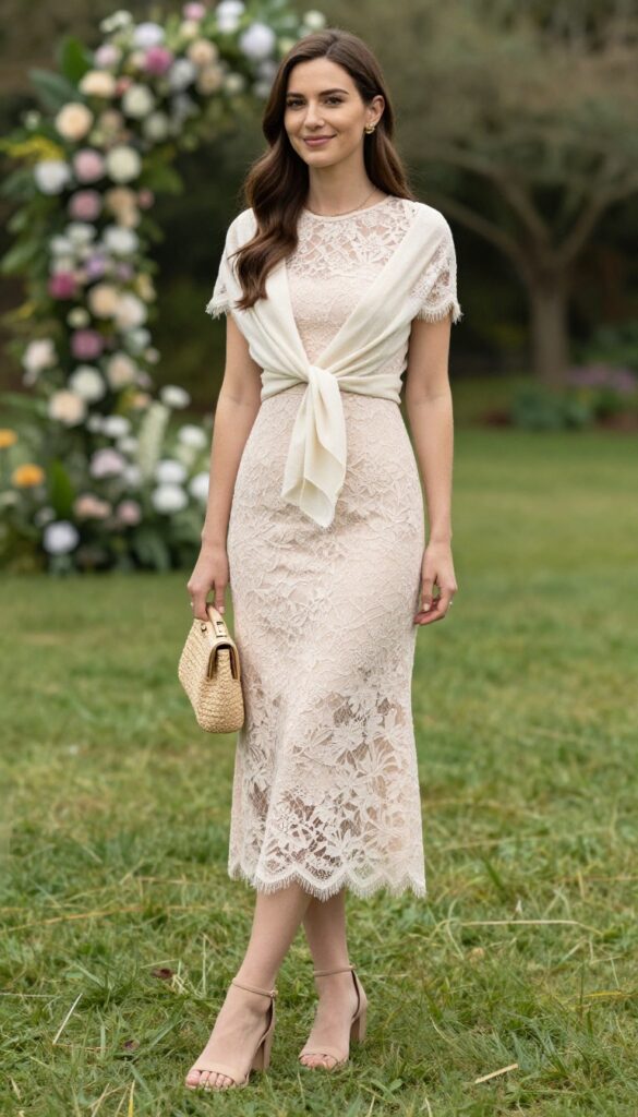 A woman in a blush lace tea-length dress with nude block heels and a woven clutch at a garden wedding.