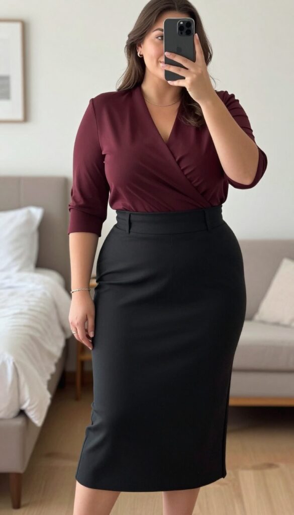 Plus size woman in wrap top and A-line midi skirt with block heels, polished business casual outfit