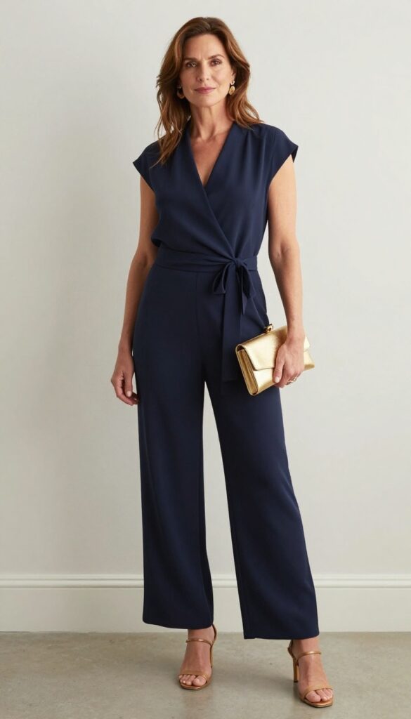 Woman in navy wide-leg jumpsuit with gold accessories, standing in elegant indoor venue