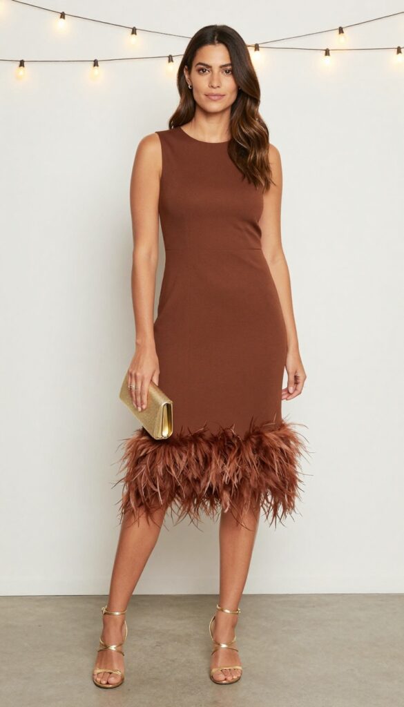 Woman in brown feather-hem dress with gold strappy heels and clutch at evening wedding reception