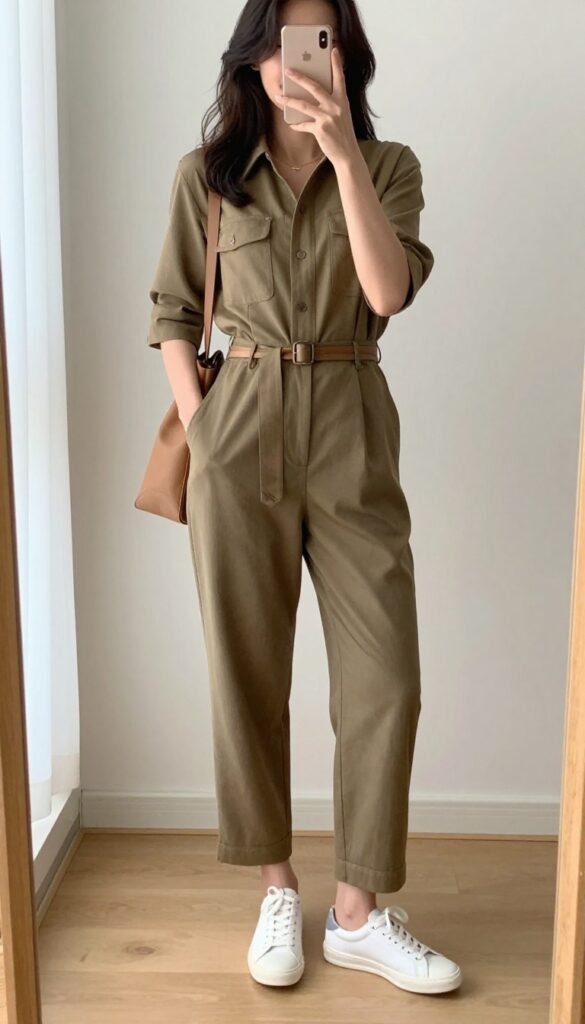 Woman in a vintage-inspired neutral jumpsuit with a belt, taking a mirror selfie. She wears white sneakers, a crossbody bag, and simple gold jewelry. Bright natural light, clean background.