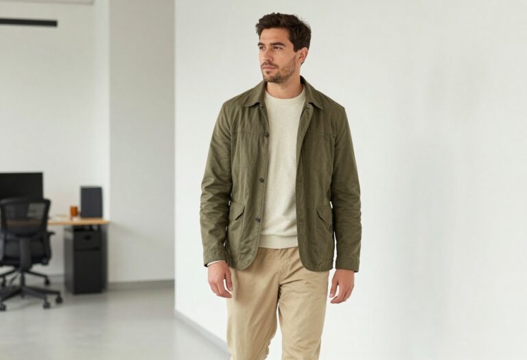 Man in olive blazer, cream sweater, beige chinos, and desert boots standing in a bright office hallway.