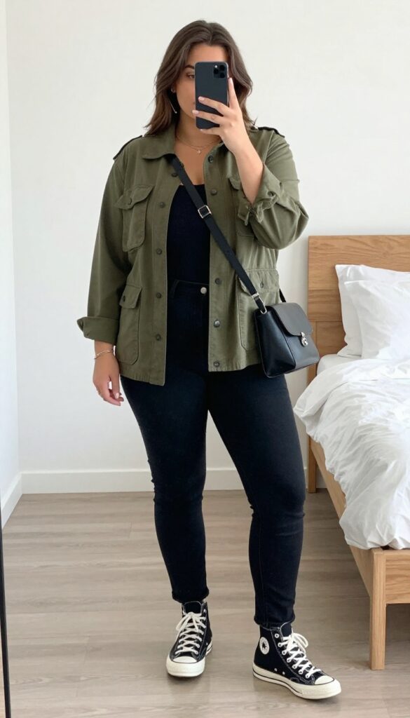 Outfit with olive utility jacket, black top, black jeans, and black Converse high-tops, accessorized with leather crossbody bag and delicate necklace.
