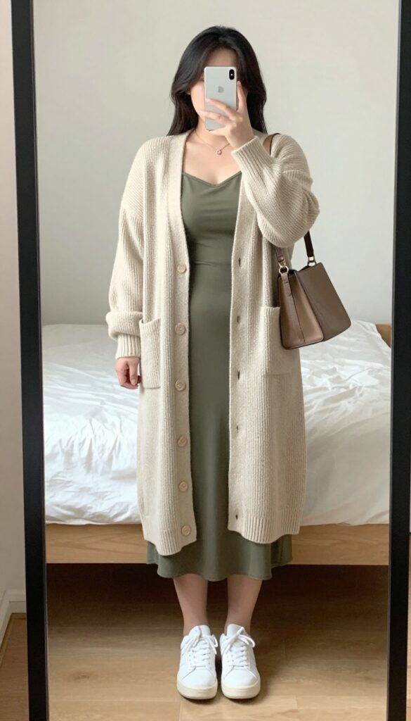 A woman in a knit cardigan over a slip dress with white sneakers and crossbody bag, standing in a casual office or mirror selfie.