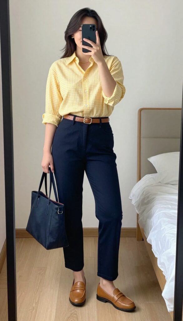 Plus-size woman in yellow gingham button-down and navy trousers with loafers, standing in front of a mirror taking a selfie, partially covering her face with her phone.