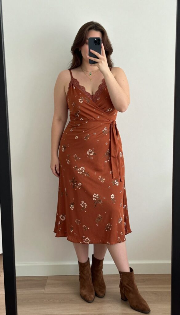Woman in rust wrap dress with layered necklaces and suede ankle boots, standing in a coffee shop.