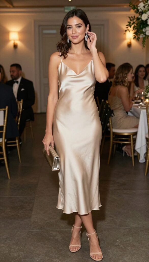 Woman in champagne satin slip dress with chandelier earrings and nude heels at wedding event