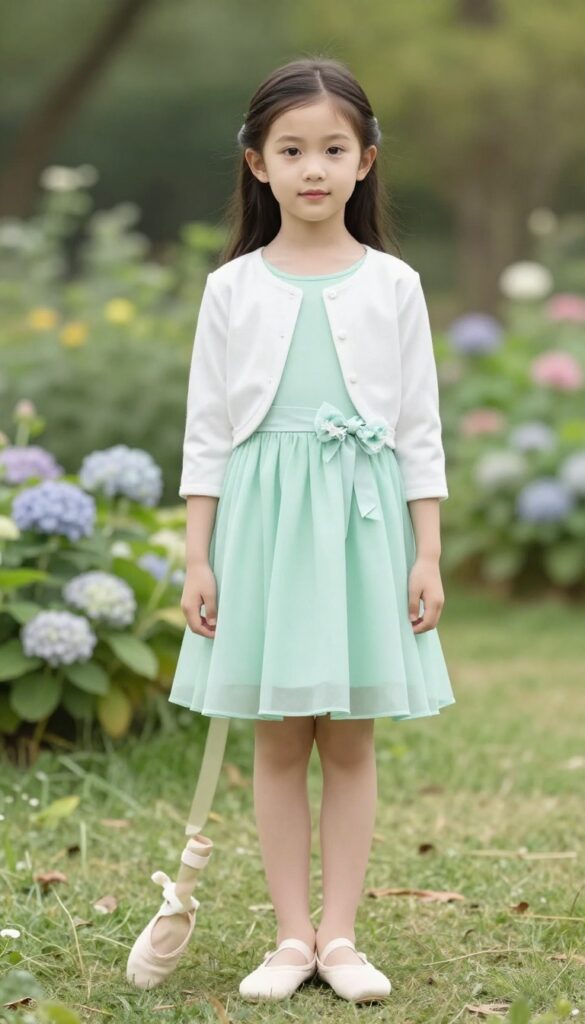 Little girl in mint green tea-length dress with floral bow sash, white ballet flats, and white cardigan, standing in a sunny garden.