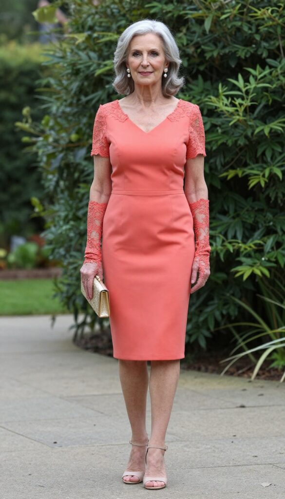 Stylish older woman in coral fit-and-flare dress with short lace gloves at garden wedding