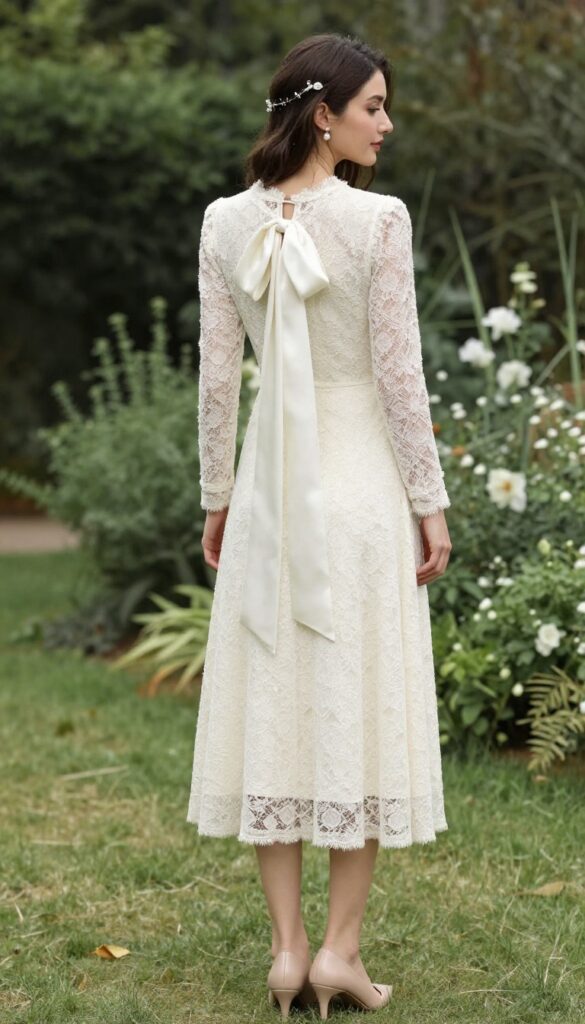 Woman in lace midi dress with back bow detail at garden wedding