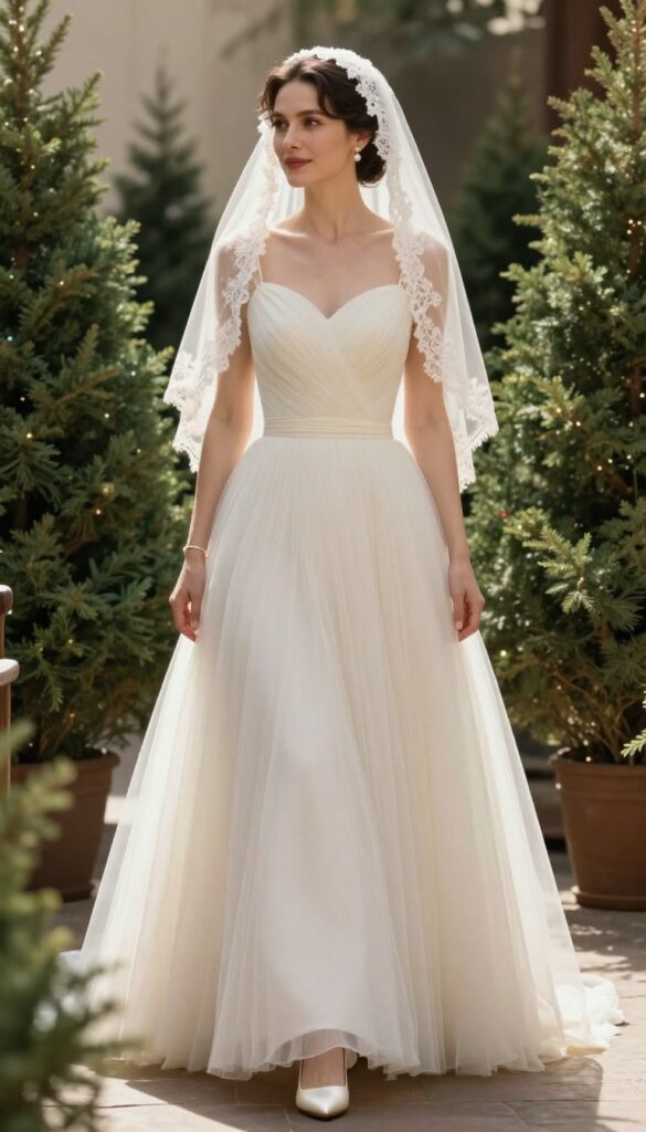 Bride in tulle ball gown with lace veil, standing in church aisle