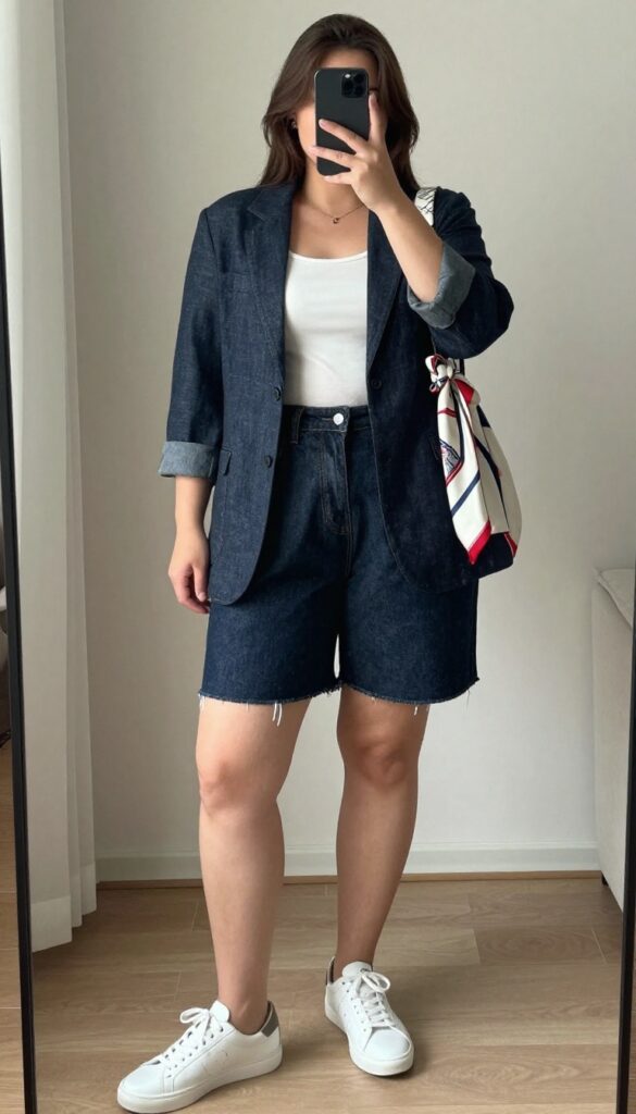 Denim cutoffs with linen blazer and white sneakers