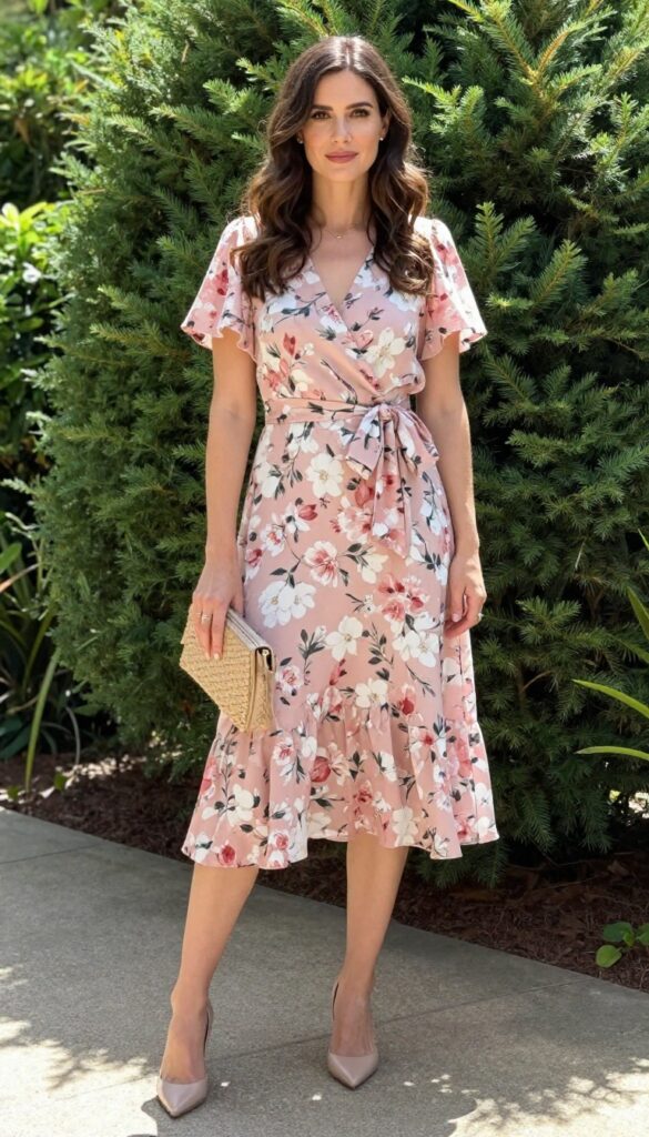 Woman in floral wrap dress with bow belt, nude heels, and clutch in garden