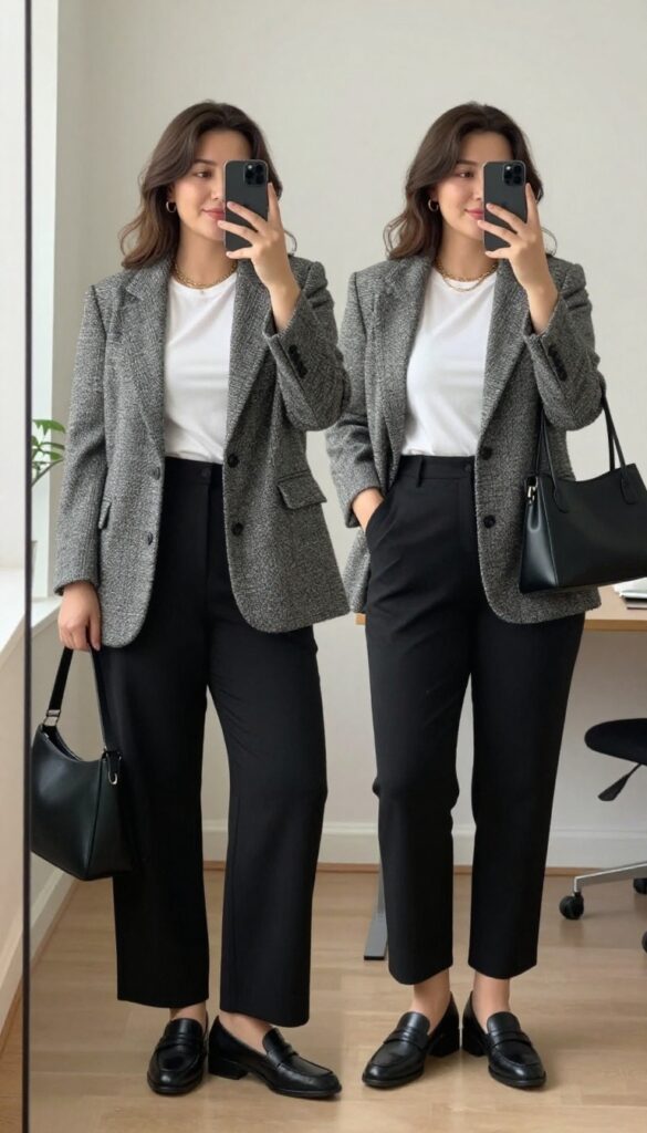 Plus-size woman in wide-leg pants, fitted tee, and tweed blazer, posing in a mirror selfie in a bright classroom setting.