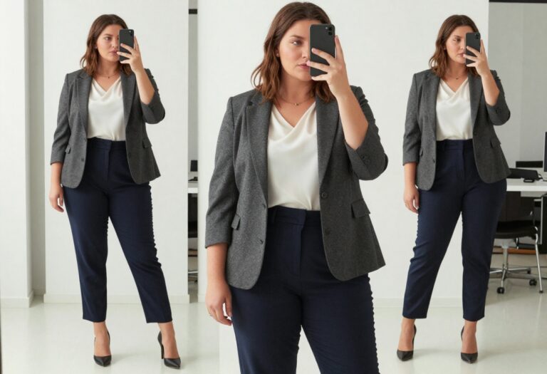 Plus-size woman in tailored blazer and high-waisted trousers taking a mirror selfie in a bright office setting, showcasing professional workwear outfit.