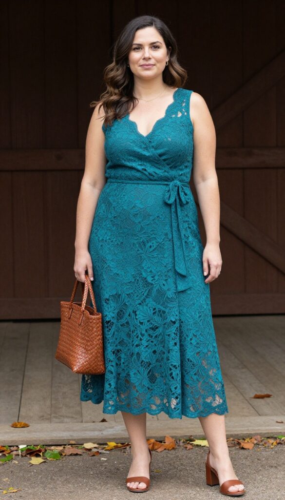 Woman in teal lace wrap dress with brown accessories at rustic outdoor wedding venue