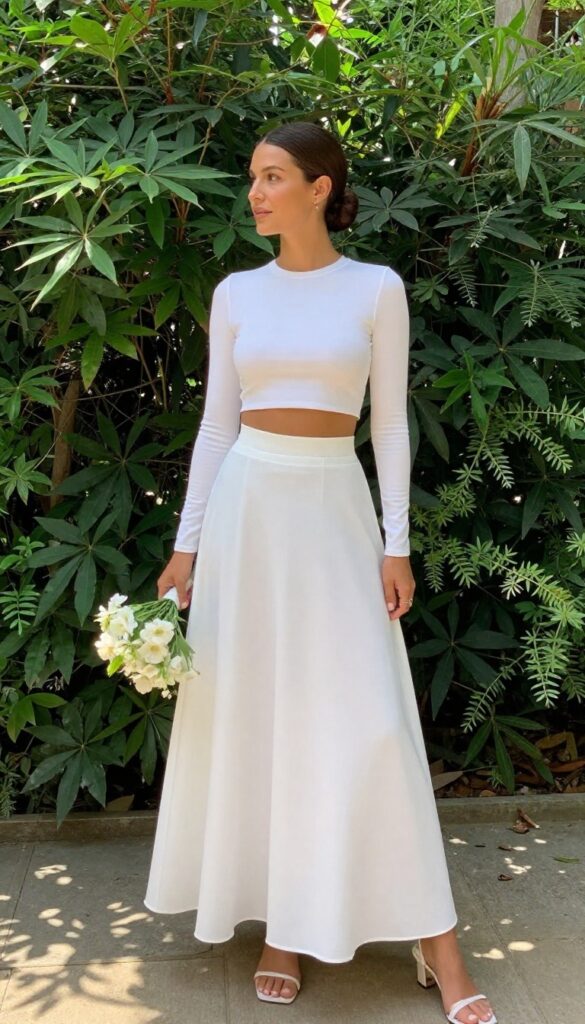 Modern wedding outfit with white crop top and detachable A-line skirt in a sunlit garden