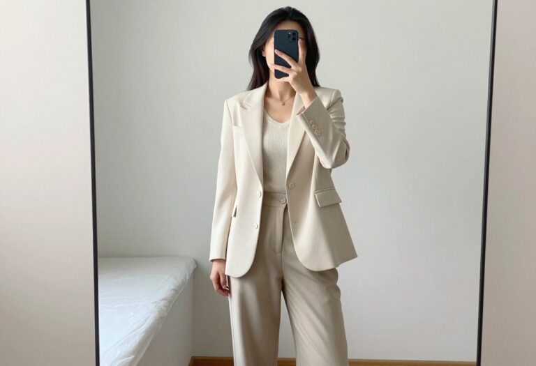 Woman in cream blazer and beige trousers taking a mirror selfie in a bright bedroom.