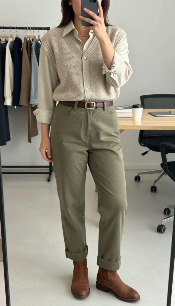 Woman in chambray shirt, knit vest, olive chinos, and desert boots, standing in a bright office or cafe.