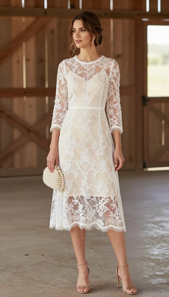 Woman in sheer lace overlay dress and nude slip at barn wedding