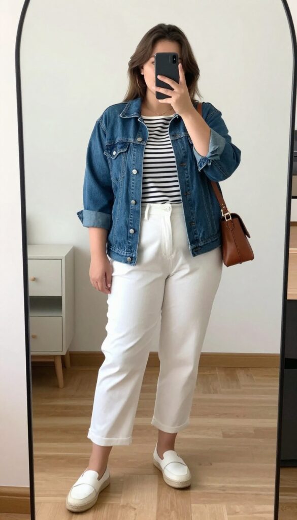 A woman in a denim jacket, white pants, and striped top, standing in a bright office or street setting, looking approachable and professional.