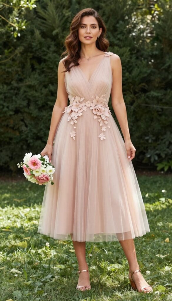 Young woman in blush tulle dress with floral appliqués standing in sunlit garden, holding bouquet.