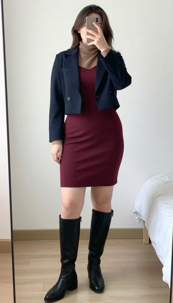 A plus-size woman in a turtleneck under a slip dress with a blazer, taking a mirror selfie in a bedroom.