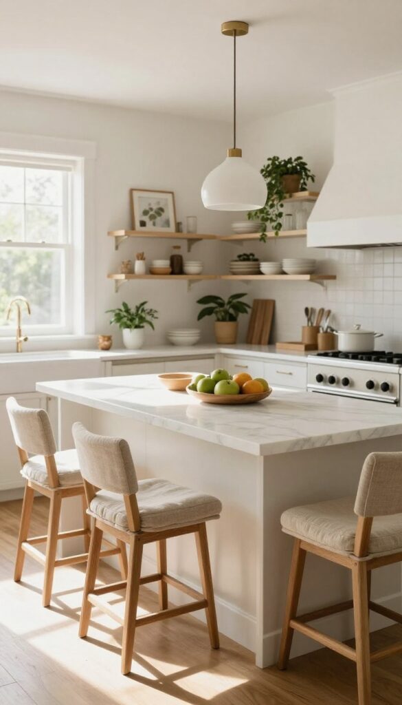 Bar stools at a kitchen island with a casual vibe, cushioned seats and wooden legs, bright natural light