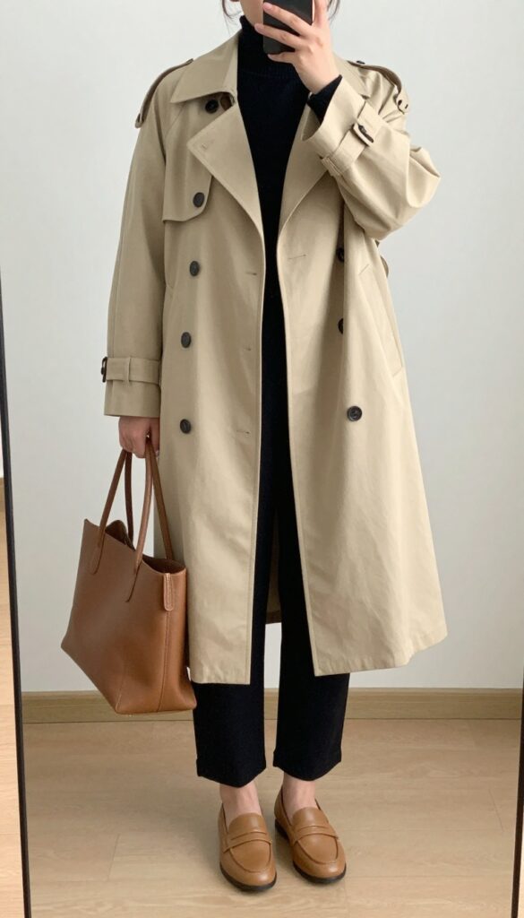 Beige trench coat over all-black outfit with tan loafers, mirror selfie composition