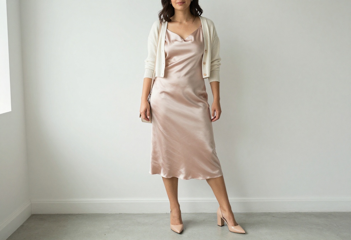 Woman in blush satin slip dress with cropped cardigan and nude heels, standing in bright room.