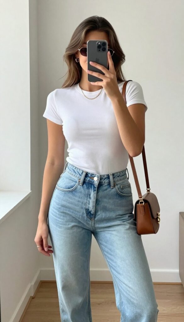 Woman taking a mirror selfie wearing a white t-shirt tucked into high-waisted light wash mom jeans, white sneakers, and a small brown crossbody bag, with minimal gold jewelry and sunglasses.