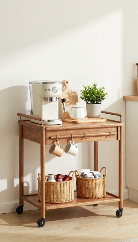 Vintage rolling coffee cart with distressed wood finish, coffee machine and mugs on top, woven baskets underneath, plant and ceramic accessories, in bright kitchen corner.