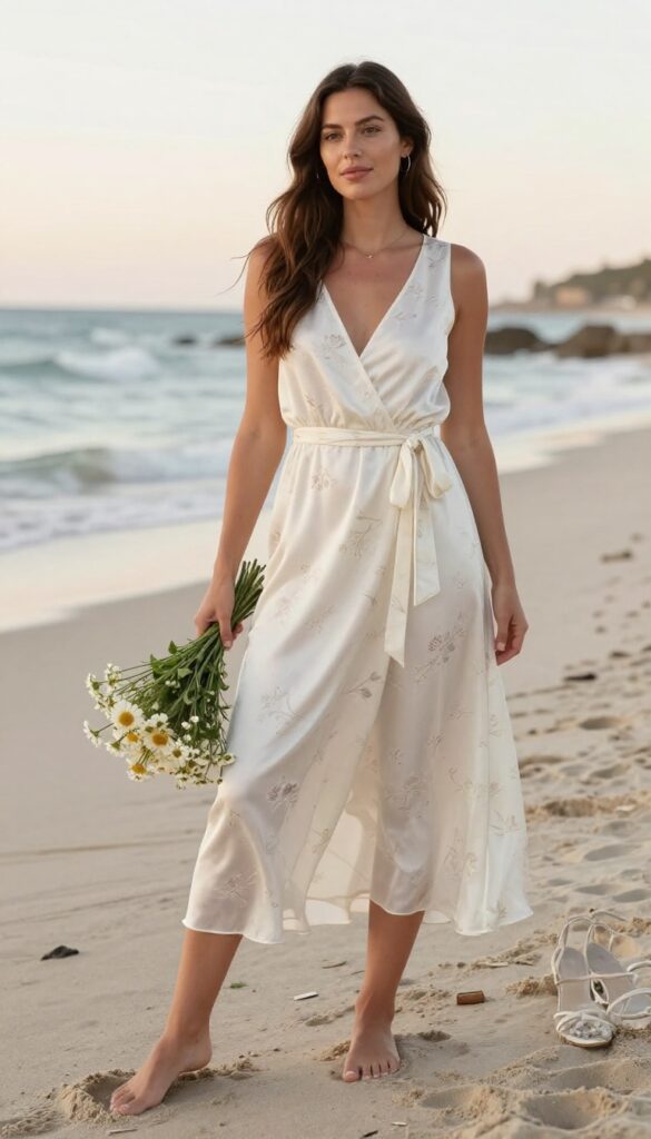 Adult woman with long brown hair wearing ivory silk chiffon floral wrap dress, barefoot on beach at sunset, holding wildflower bouquet.