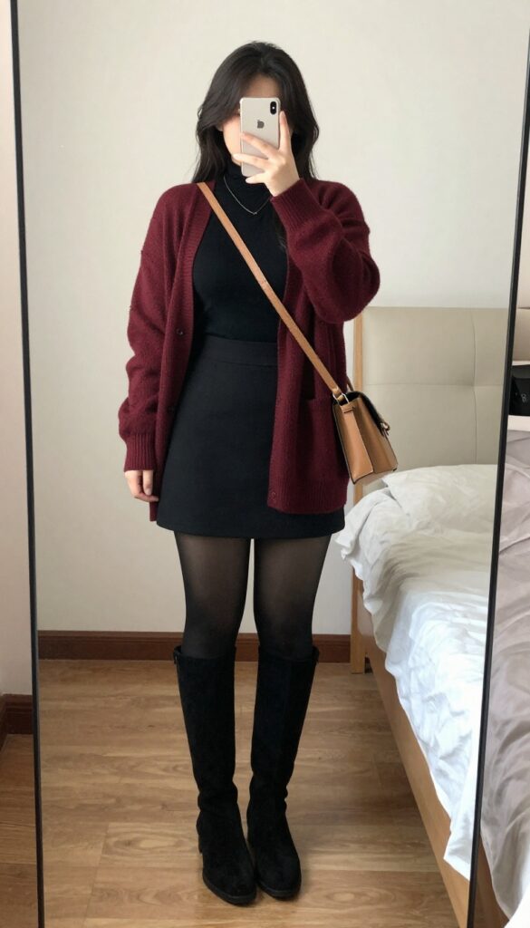 Petite woman in burgundy cardigan, black turtleneck, mini skirt, tights, and knee-high boots, looking polished and cozy.